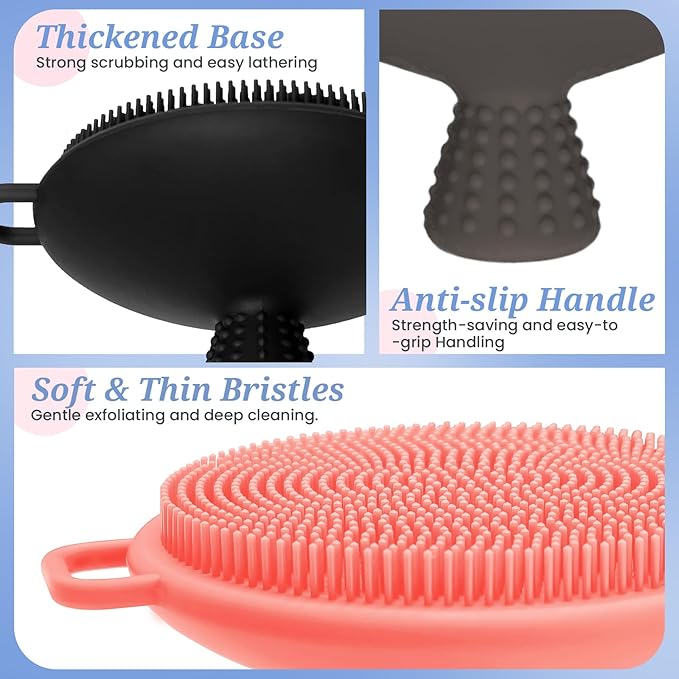 Silicone Back/Face Scrubber & Soft Bath Glove 3PCS, 16''- 24'' Extendable Shower Back Scrubber, 360° Anti-Slip & Hand-fit Silicone Bath Glove, Manual Face Brush for All-Round Cleaning(Pink)