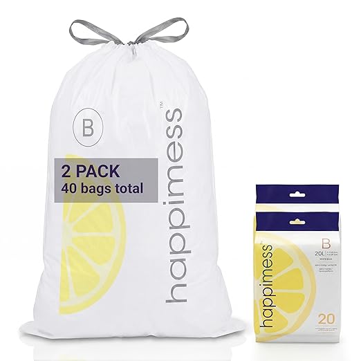 happimess 5.3 Gallon (20L) Drawstring Trash Bags, Lemon Scent, White, Heavy Duty MDPE Liners for Kitchen and Household, Odor Control, Custom Fit 40 Count (2 Packs of 20 Liners) HPM3100B-W-2SET