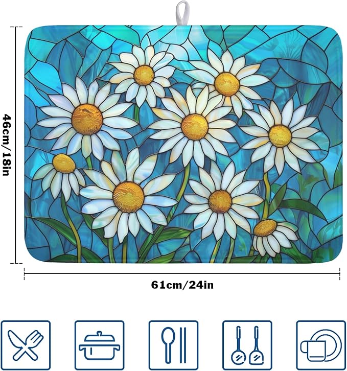 Daisy Drying Mat 24x18 Inch, Summer Spring Drying Mat with Absorbent Reversible Microfiber, Rustic Flowers Dish Drainer Mats Floral Rack Pad for Coffee Countertop Kitchen Protector