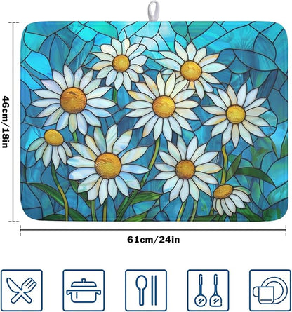 Daisy Drying Mat 24x18 Inch, Summer Spring Drying Mat with Absorbent Reversible Microfiber, Rustic Flowers Dish Drainer Mats Floral Rack Pad for Coffee Countertop Kitchen Protector