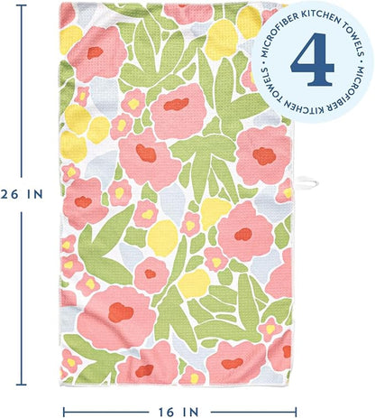 ELYN Microfiber Kitchen Dish Towel Set, Quick-Dry & Absorbent Waffle Weave Cleaning Towels, Set of 4 Kitchen Towels, Paper Towels Alternative (Bold Floral & Geo)