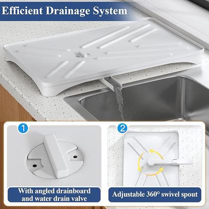 SNTD Dish Drying Rack for Kitchen Counter - Large Dish Rack with Drainboard, Rustproof Dish Drainer with Utensil Holder for Sink, White