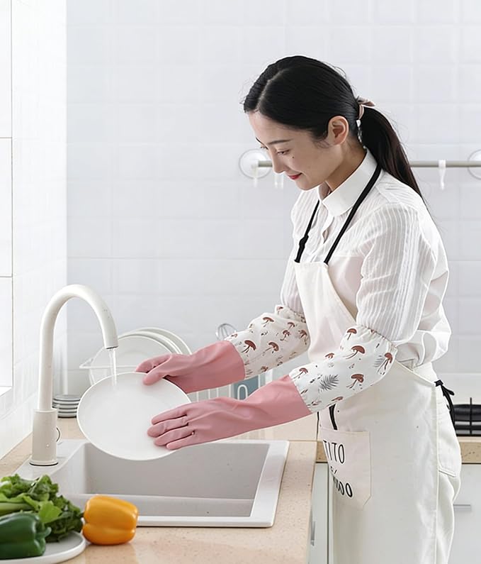 M Size Fleece Lined Cleaning Gloves, Waterproof PVC Household Gloves for Kitchen Dishwashing