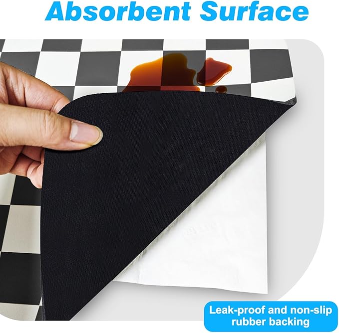 CooRug Checkered Dish Drying Mat for Kitchen Counter, Absorbent Non-Slip Coffee Mat, Heat Resistant Mat for Countertops Coffee Bar Decor 16" x 24" Black