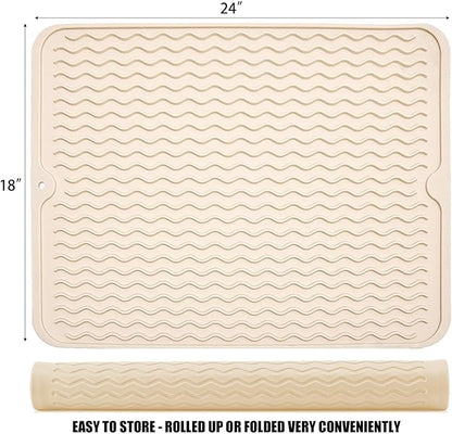 Large 24" x 18" Silicone Dish Drying Mat for Kitchen Counter, Easy clean, Quick Dry, Heat-resistant Dish Drainer Mat for Sink,Refrigerator or Drawer liner (Food Grade Silicone-Beige)