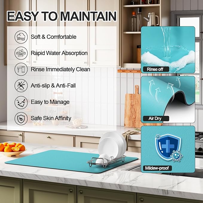 Ecotrim - Dish Drying Mat for Kitchen Counter | Coffee Bar Mat for Countertops | Heat Resistant Drainer Mat with Non-slip Rubber Backed | Hide Stain Kitchen Absorbent Draining Mat | Turquoise 18"x28"