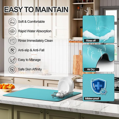 Ecotrim - Dish Drying Mat for Kitchen Counter | Coffee Bar Mat for Countertops | Heat Resistant Drainer Mat with Non-slip Rubber Backed | Hide Stain Kitchen Absorbent Draining Mat | Turquoise 18"x28"