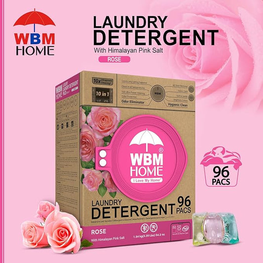 WBM Home 10-in-1 Laundry Pods, Total 96 Count, Ultra Concentrate with Powerful Stain Lifter Technology, Fabric Softener With Rose Extracts, Detergent Pods