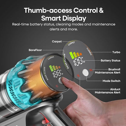 ElecKeys Cordless Vacuum Cleaner, 600W 50KPA 70Mins Vacuum Cleaners for Home, Self-Standing Stick Vacuum with Touch Screen, Anti-Tangle, Lightweight Wireless Vacuum for Hard Floor/Carpet/Pet Hair/Car