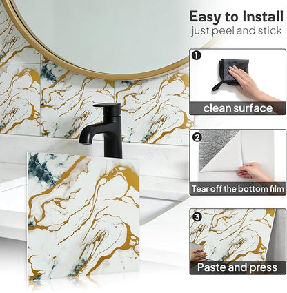 Marble-Effect Peel and Stick Backsplash, 30 Sheets PVC Wall Panels, Self-Adhesive Waterproof for Kitchen, Bathroom, 11.8" x 11.8"