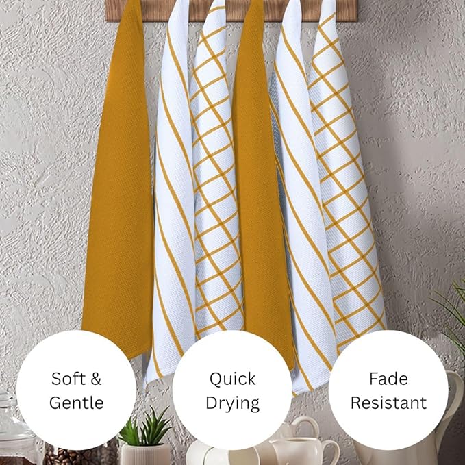 Assorted Waffle Kitchen Towels 100% Cotton Set of 6 - Heavy Duty 320 GSM Quality Dish Cloths Towel - Soft Absorbent Washable for Kitchen Use -Quick Drying Dish Towel 16x26 Mustard Yellow