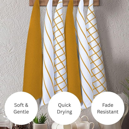 Assorted Waffle Kitchen Towels 100% Cotton Set of 6 - Heavy Duty 320 GSM Quality Dish Cloths Towel - Soft Absorbent Washable for Kitchen Use -Quick Drying Dish Towel 16x26 Mustard Yellow