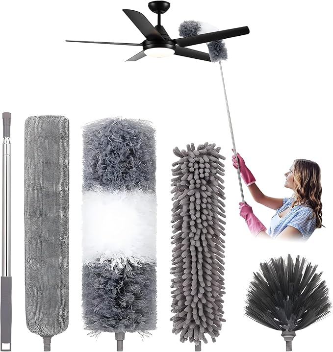 HAMEINY Feather Duster for Cleaning Microfiber Furniture Dusters with Extension Pole 100 Inch High Ceiling Fan Cleaning 5-in-1 Extendable Long Cobweb Duster Car Wall Spider Web Dust Brush