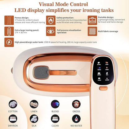 Portable 1500W Handheld Garment Steamer – 20s Rapid Heat-Up, 17 Steam Vents, 8 One-Touch Fabric Modes, 260 mL Tank for Home, Travel & Business