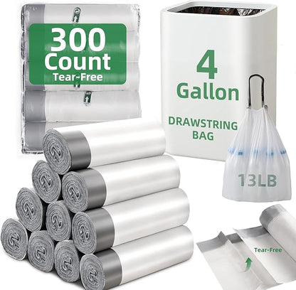 300 Counts 4 Gallon Trash Bag Drawstring Small Trash Bags, Thick Pre-separated Garbage Bags, Trash Bin Liners, Suitable for bathroom, kitchen, bedroom, office (White)