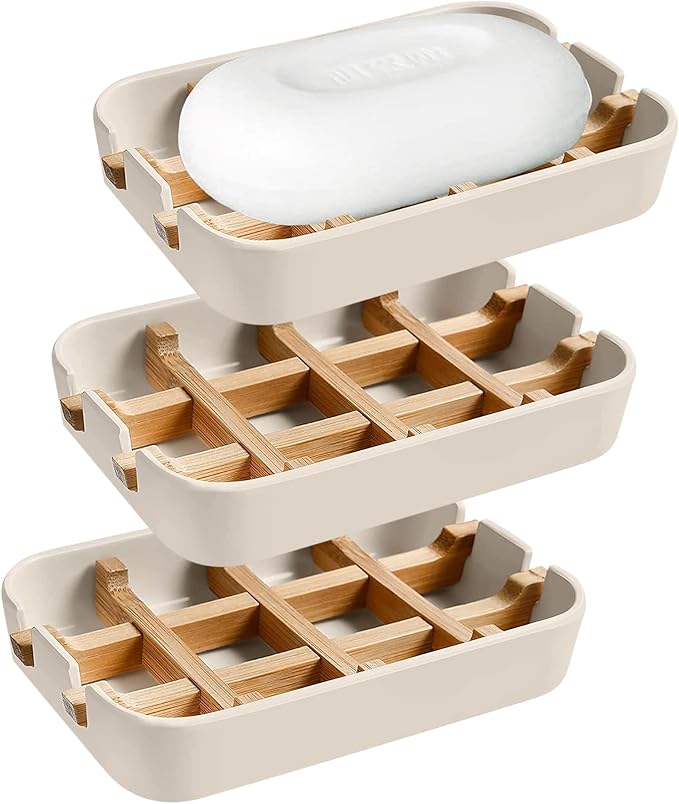 Aoheuo Modern Bamboo Fiber soap Holder and soap Dish Combination (Removable),5.12 Long by 3 Wide, 0.98 inches high, Used in Kitchens, bathrooms, and bar Sinks (Off White(3 Pack))