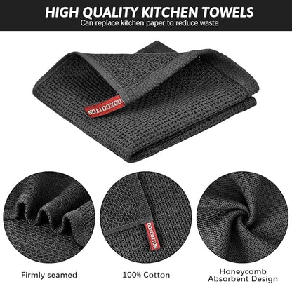 Nialnant 100% Cotton Waffle Weave Kitchen Towels,4 Pack Dish Cloths for Washing Dishes,Dish Towels,Super Soft Absorbent Cleaning Rags-Black, 12 x 12 in