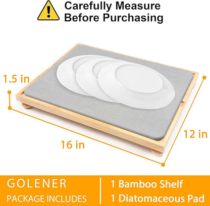 Golener Stone Drying Mat for Kitchen Counter, Dish Drying Pad with Bamboo Rack, Super Absorbent Diatomaceous Earth and Drying Rack, Multi-purpose Quick Drying Mat Rack for Kitchen, 16”x12”, Dark Grey