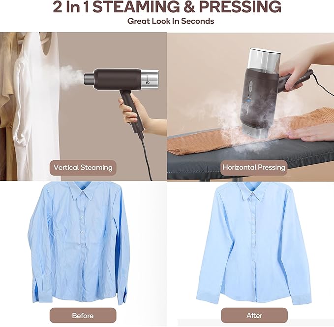 Newbealer Professional Business Travel Steamer, 1200W High-Power Dual Voltage (100-240V), Fast 20s Heat Up for Clothes Horizontal Vertical Steaming, Foldable & Solid 1.72 lbs, 180ml (Brown)