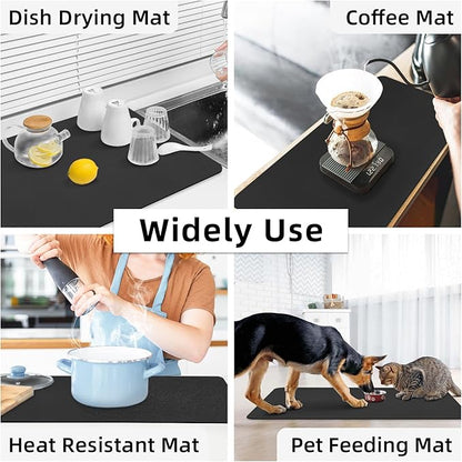 LOPNUR Kitchen Dish Drying Mat, 31.5"x17" Extra Large Dish Drying Mats for Kitchen Counter, Diatomite Coffee Mat Super Absorbent Dish Drying Pad, Heat Resistant Mat with Anti-slip Rubber Backed, Black