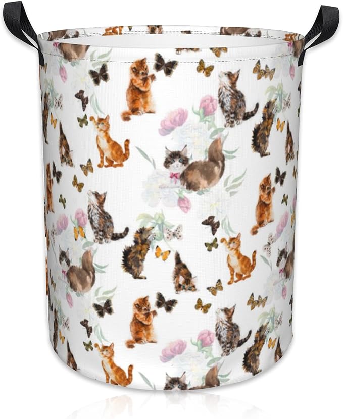 Laundry Basket Cats and Butterflies Laundry Basket Oxford Cloth Laundry Hamper Large Storage Baskets Toy Organizer Tote Bag For Bedroom Clothes Bathroom 17.3(H) x16.5(D) Inch