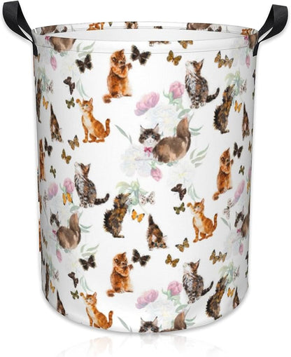 Laundry Basket Cats and Butterflies Laundry Basket Oxford Cloth Laundry Hamper Large Storage Baskets Toy Organizer Tote Bag For Bedroom Clothes Bathroom 17.3(H) x16.5(D) Inch