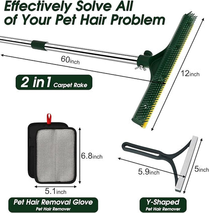 Carpet Rake for Pet Hair Removal, 60’’ Dual-Side Pet Hair Removal Tool with Adjustable Handle, 3 in 1 Reusable Lint Remover Dog Cat Fur Remover Broom for Rugs, Mats, Beds, Stairs, Couch