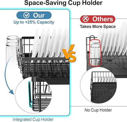 GSlife Expandable Dish Drying Rack with Drainboard, Compact Rustproof Dish Rack for Kitchen Counter, Ultra-Sturdy Space Saver with Cup Holder for Small Apartment,12.2" W x 12"-20.5" L, Black