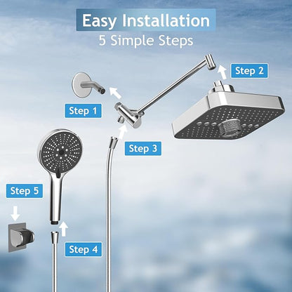 High Pressure Rainfall & Handheld Shower Head Combo, 3-Spray Fixed Showerhead and 6 Sprays Hand Held with 6ft Stainless Steel Hose and Adjustable Extension Arm (Silver black)