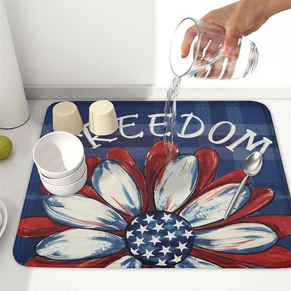 4th of July Dish Drying Mat 18x16 Inch, Patriotic Drying Mat with Absorbent Reversible Microfiber, Independence Day Dish Drainer Mats Memorial Day Rack Pad for Coffee Countertop Kitchen Protector