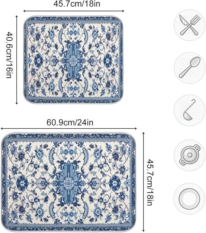 Dish Drying Mat Kitchen Counter Absorbent Blue and White Pattern Coffee Sink Mat Dish Drainer Pad 18 Inch x 16 Inch