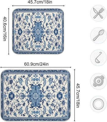 Dish Drying Mat Kitchen Counter Absorbent Blue and White Pattern Coffee Sink Mat Dish Drainer Pad 18 Inch x 16 Inch