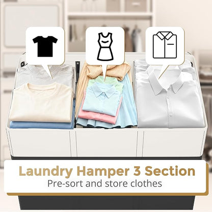 180L Laundry Hamper 3 Section, Large Laundry Basket with Lid, Laundry Basket Organizer with Handles, Divided Clothes Hampers for Laundry, Bedroom, Bathroom, White & Black