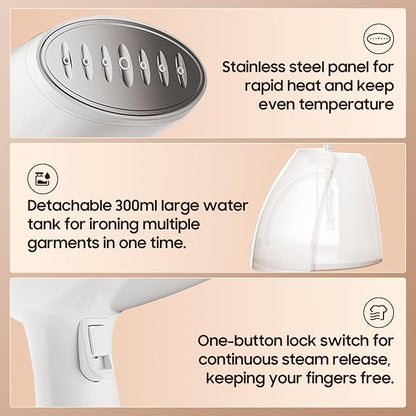 Handheld Travel Steamer for Clothes - 1350W Portable Clothes Steamer Hand Held, 15-Second Heat Up, Remove Wrinkles with Heat-Resistant Steam, Make Clothes Soft & Smooth