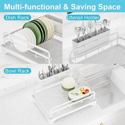 Dish Drying Rack for Kitchen Counter - Large Capacity Dish Drying Rack with Drainboard, Kitchen Sink Dish Rack, Countertop Dish Drainer Rack with Cutlery Holders Dish Dryer Rack White