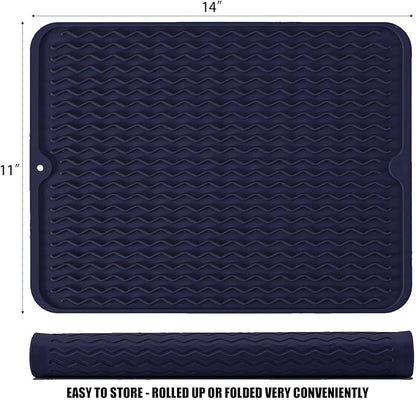 Large 14" x 11" Silicone Dish Drying Mat for Kitchen Counter, Easy clean, Quick Dry, Heat-resistant Dish Drainer Mat for Sink,Refrigerator or Drawer liner (Food Grade Silicone-Dark Blue)