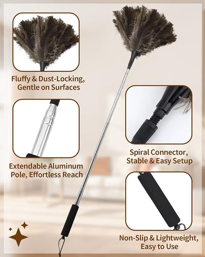 Extendable Ostrich Feather Duster with Bonus Wool Feather Duster Head - Natural Fluffy Non-Slip Handle Feathers Dusters for Cleaning Ceiling Fans, Blinds, Roof Dusting, High Surfaces (18-48 in)