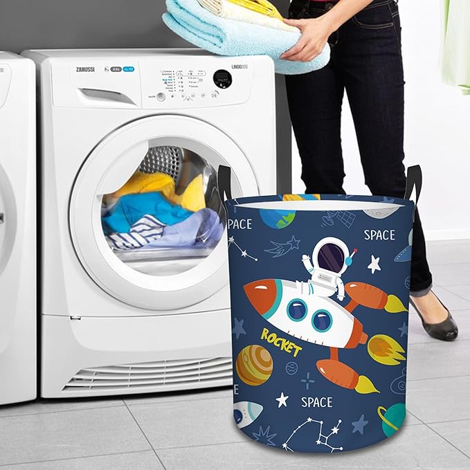 Rocket Laundry Hamper, 43L Round Rocket Laundry Basket, Waterproof Collapsible Storage Organizer Bin with Handles for Toys, Nursery Home Storage, Gift for Chritsmas Thanksgiving 13.8x17.7in