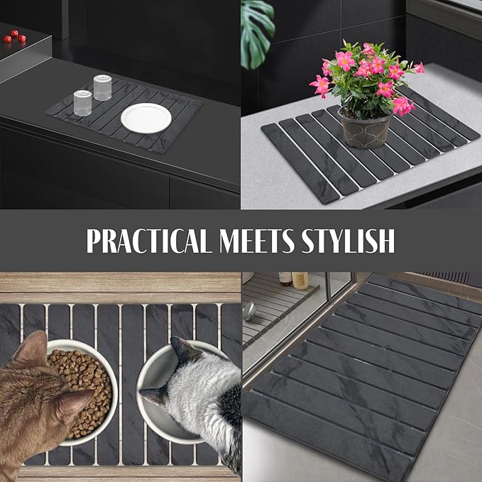 2 PCS Large Stone Dish Drying Mat for Kitchen Counter, 24"×16" Marble Dish Drying Mat with 8"x 4" Coasters, Non - Slip Collapsible Absorbent Mat for Multi - Purpose, Match Any Countertop【Dark Gary】