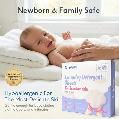 BellaLuce Sensitive Skin Laundry Detergent Sheets, 100 Loads (50 Count) - Hypoallergenic & Fragrance Free Washing Strips, Gentle for Baby, Travel & Dorm Essentials