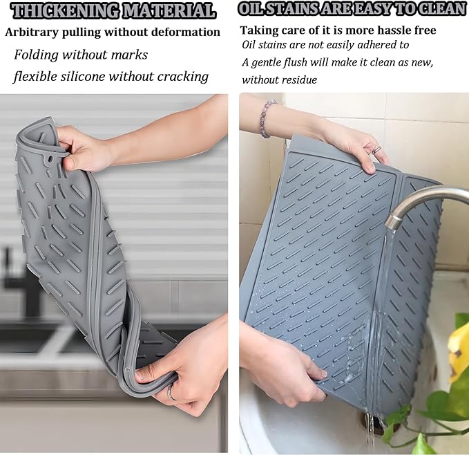 Silicone Dish Drying Mat for Kitchen Counter, Collapsible Trifold Large Dish Drainer Mat, Drying Mat with Hook, 24x16In Non-Slip Silicone Sink Mat, Easy to Clean