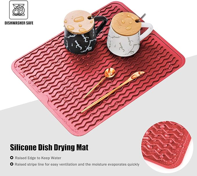 Silicone Dish Drying Mat, Non-Slip Easy Clean Sink Mat Large Heat-resistant Dish Drainer Mat for Kitchen Counter, Sink, Refrigerator or Drawer liner (18" x 16", RED)
