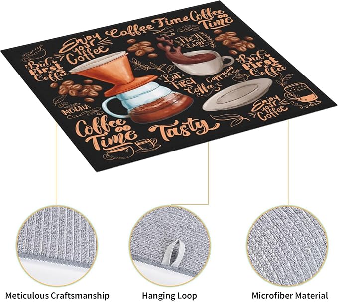 Fun Coffee Dish Drying Mat, Highly Absorbent Microfiber Kitchen Counter Pad Reusable Washable, 16*18"