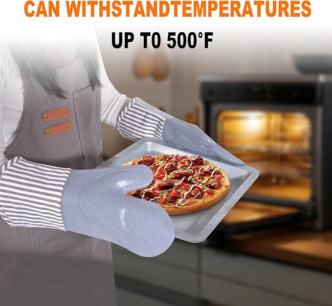 Silicone Oven Mitts, Heat Resistant Oven Gloves with Quilted Liner, Waterproof & Non-Slip Kitchen Mittens for Baking Cooking BBQ, 500°F, 13.5" Nordic Grey