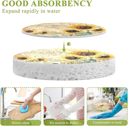 Vintage Sunflower Kitchen Scrub Sponges, Pop-up Kitchen Cleaning Sponges Reusable Dish Washing Sponges for Bathroom Household Cleaning 3 Pack - Non Scratch Scrubber
