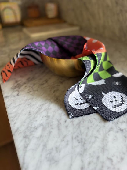 || 3 Pack|| Double Sided Dish Towels || Waffle Weave Microfiber || Tea Towels || Highly Absorbent || Hanging Loop || Dish Cloths || Modern || Designer Prints (Halloween Multi)