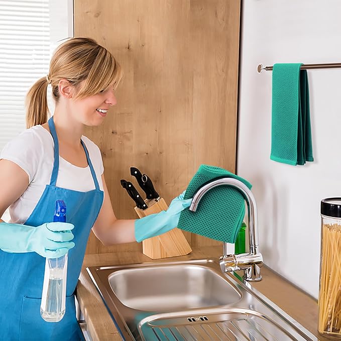 Kitinjoy 100% Cotton Waffle Weave Kitchen Hand Towels (13 X 28 Inches, Teal), 8-Pack Super Soft and Absorbent Dish Towel for Drying Dishes