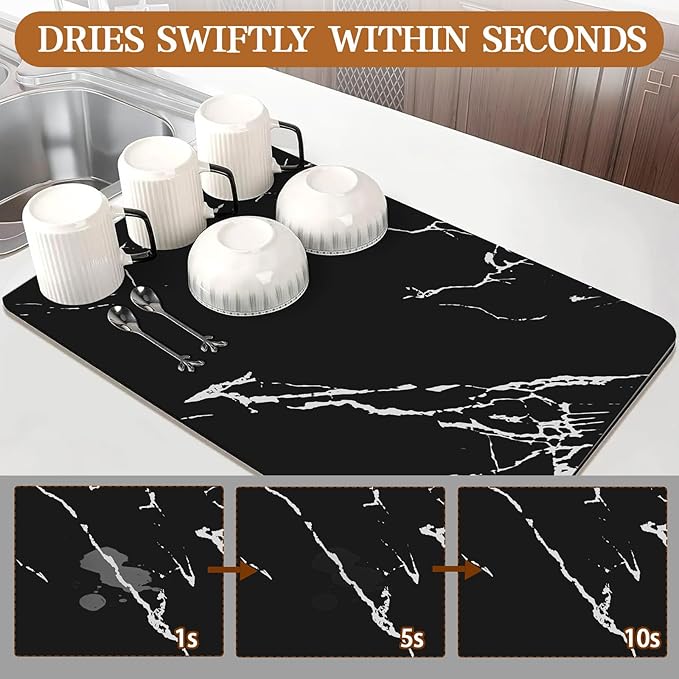 Absorbent Coffee Mat, 24"x16" Dish Drying Mat Coffee Mat Bar Accessories, Hide Stain Rubber Backed Absorbent Dish Drying Mat for Kitchen Counter Fits Under Coffee Maker or Machine (Black)