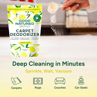 Good Natured Brand | Carpet Deodorizer & Freshener Powder | 60 oz Pet Odor Eliminator for Strong Odor & Pet Urine | Fresh Natural Lemon Love | Safe for Homes with Pets