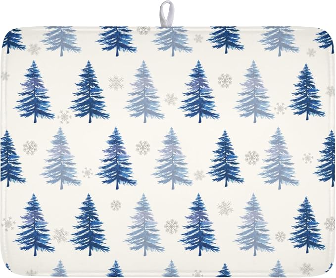 Winter Dish Drying Mat 16 x 18 Inch Blue Tree Dish Drying Pad Absorbent Microfiber Mats for Snowflake Dish Rack Pad for Holiday Kitchen Counter Coffee Bar Decor
